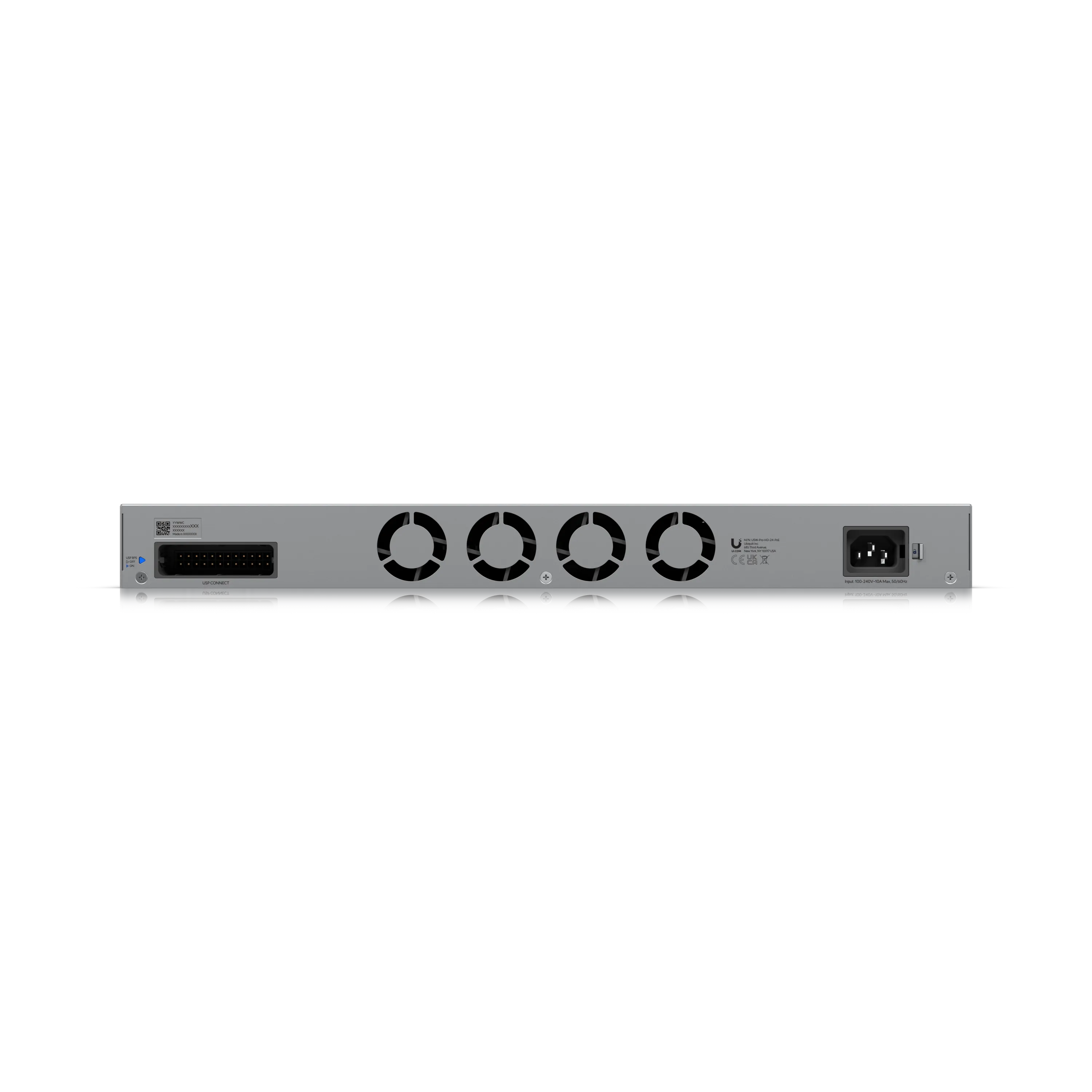Ubiquiti UniFi Switch USW Pro HD 24 PoE 600W Rückansicht mit Stromanschluss, vier Lüftungsöffnungen und AC-Eingang für Ubiquiti UniFi Switch USW Pro HD 24 PoE 600W Rückansicht mit Stromanschluss, vier Lüftungsöffnungen und AC-Eingang für