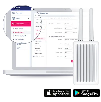 D-Link DIS-3650AP Outdoor Access Point mit zwei Antennen neben Laptop mit Nuclias Connect Software und