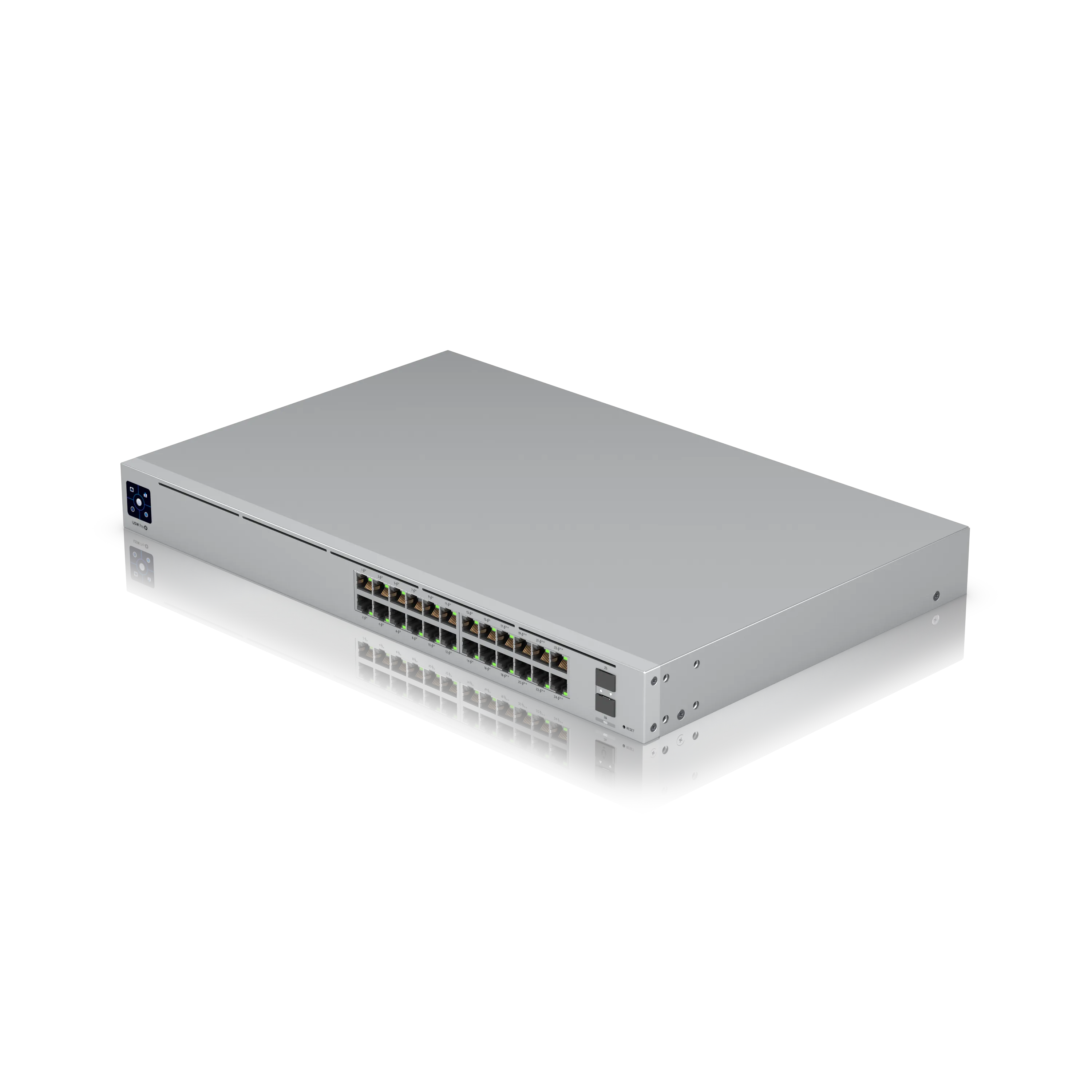 Ubiquiti UniFi Switch USW-Pro-24-POE Gen2 400W mit 24 Ethernet-Ports, 2 SFP+-Slots und Touchscreen in silberner