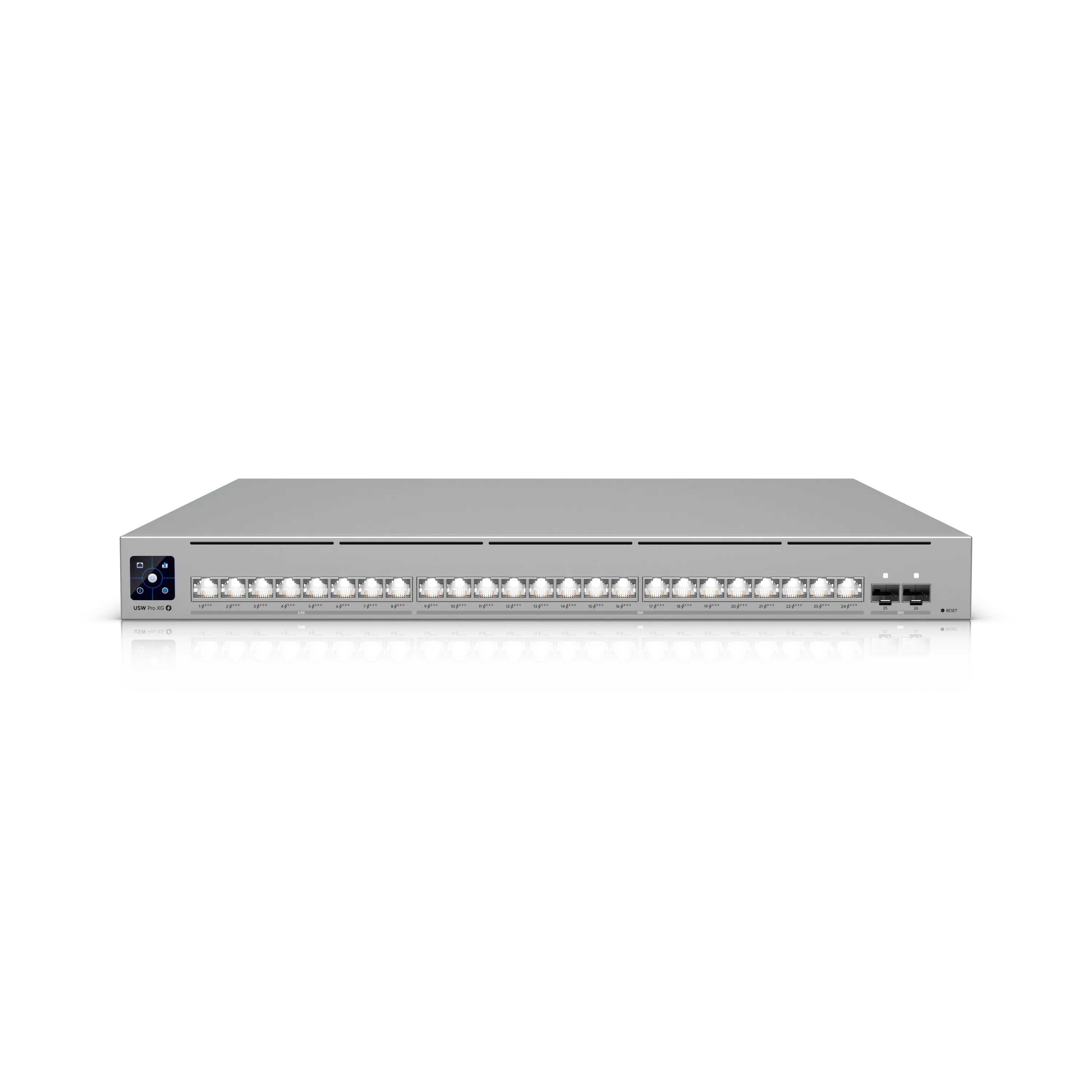 Ubiquiti UniFi Switch USW-Pro-XG-24 mit 24 SFP+-Ports, Frontansicht im Rack mit LCD-Display und Status-LEDs vor schwarzem Ubiquiti UniFi Switch USW-Pro-XG-24 mit 24 SFP+-Ports, Frontansicht im Rack mit LCD-Display und Status-LEDs vor schwarzem