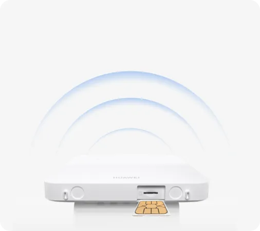Router Huawei 5G CPE 5S H153-381 blanco con WiFi 6 visto desde abajo, ranura SIM frontal con tarjeta insertada y ondas de Router Huawei 5G CPE 5S H153-381 blanco con WiFi 6 visto desde abajo, ranura SIM frontal con tarjeta insertada y ondas de