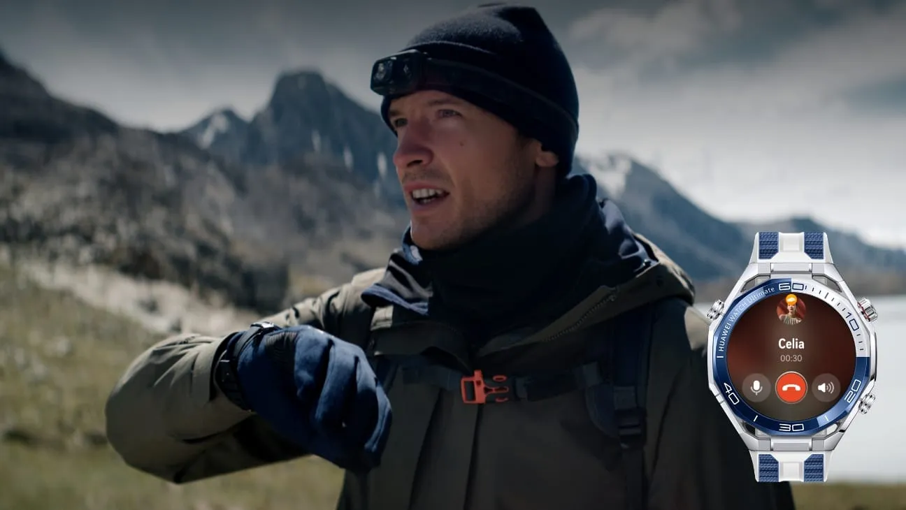HUAWEI WATCH Ultimate 2 in Green worn on wrist during mountain adventure with call notification overlay.