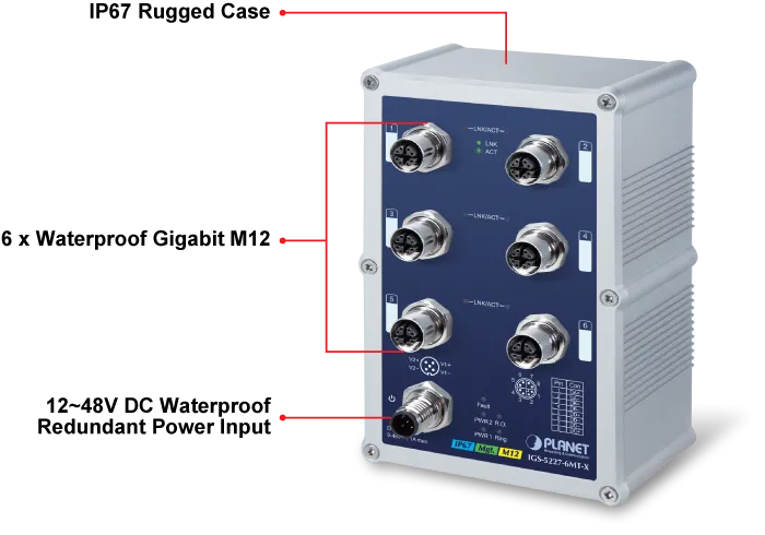 PLANET Industrial IP67 Rated 6-Port 10/100/1000T M12 Managed PLANET Industrial IP67 Rated 6-Port 10/100/1000T M12 Managed