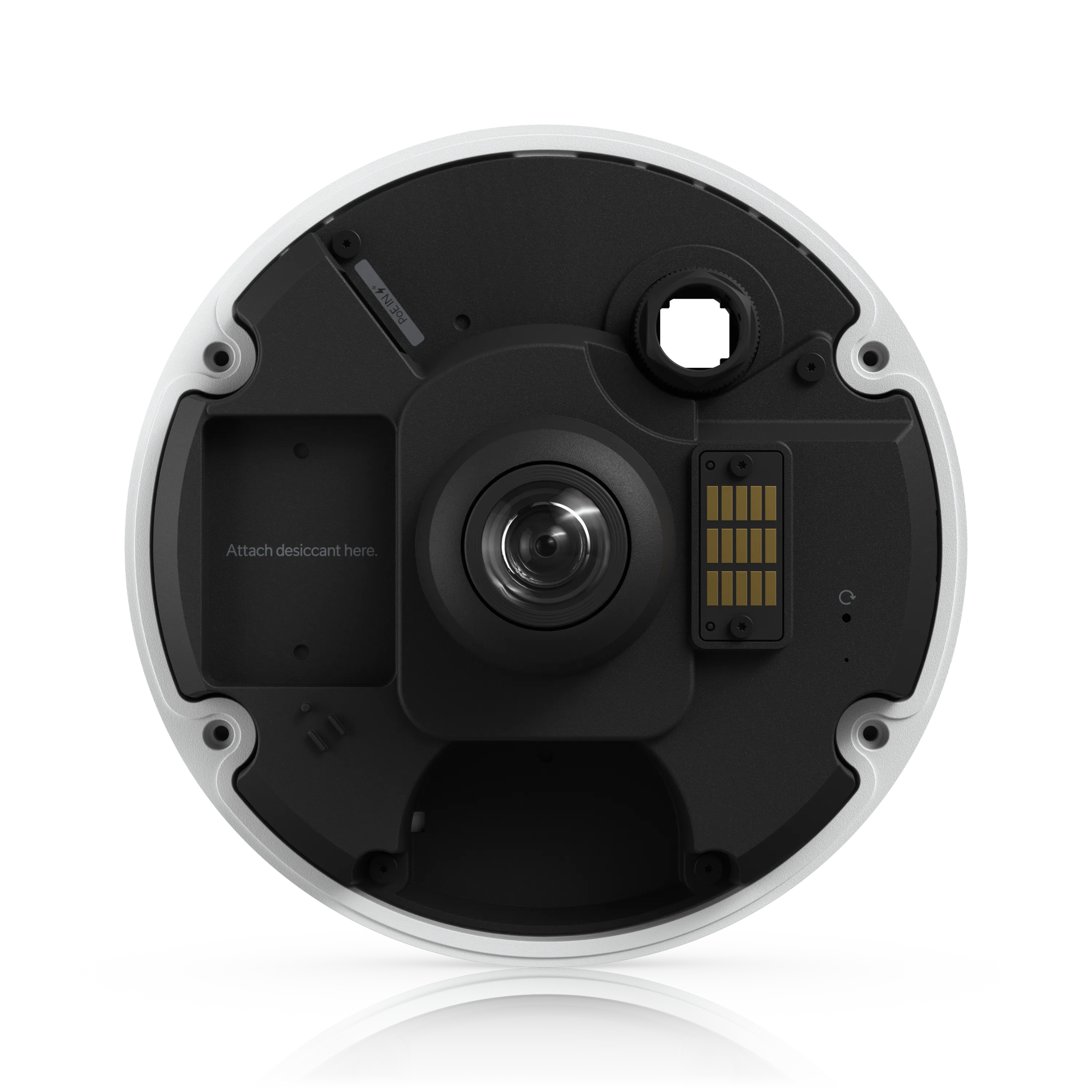Ubiquiti UVC-G6-Pro-360-B Kamera ohne Kuppel mit schwarzem Innenaufbau, zentraler Linse, weißem Rahmen und