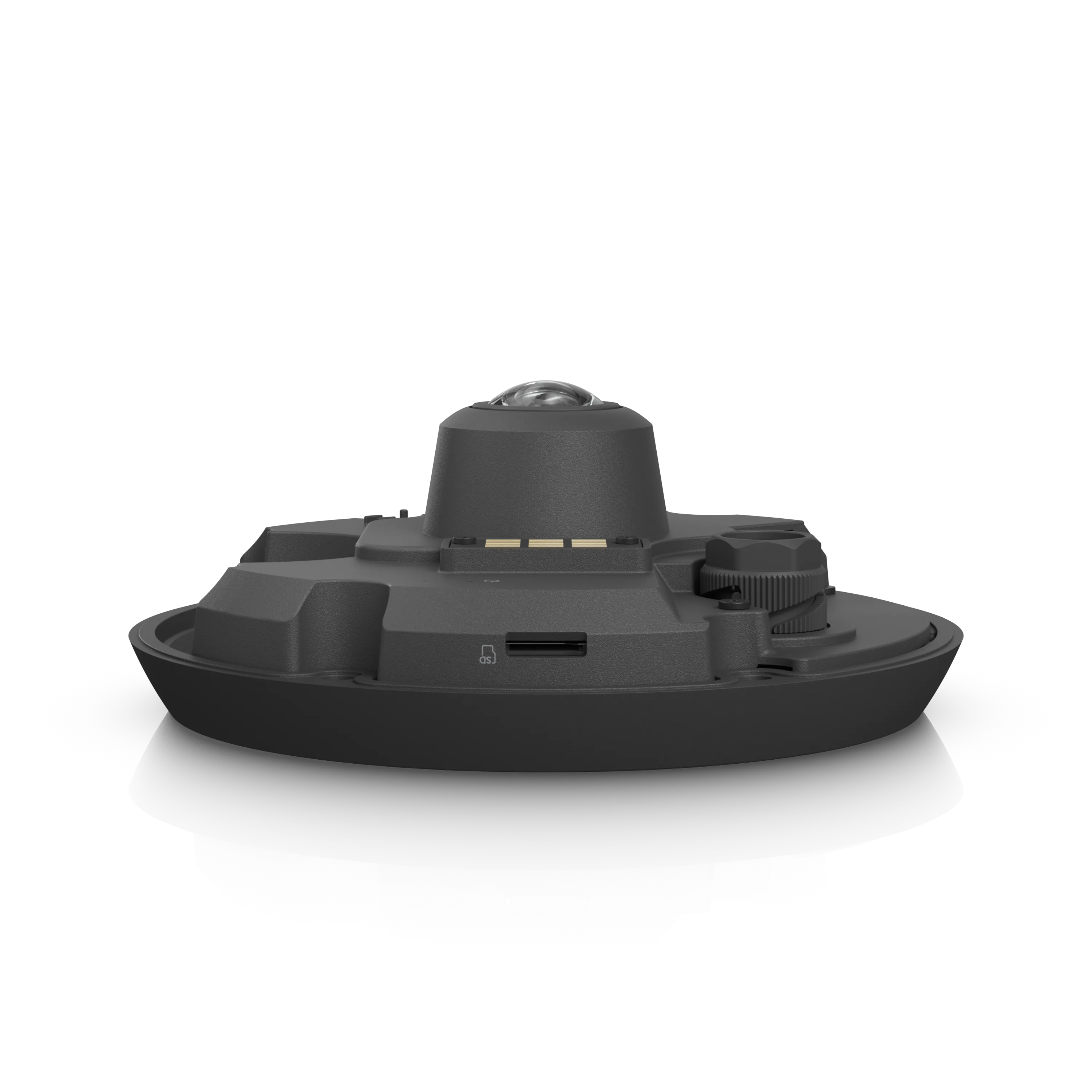Ubiquiti UVC-G6-Pro-360-B 360-Grad-Überwachungskamera in dunklem Grau mit USB-C-Anschluss und seitlichem Einstellknopf vor