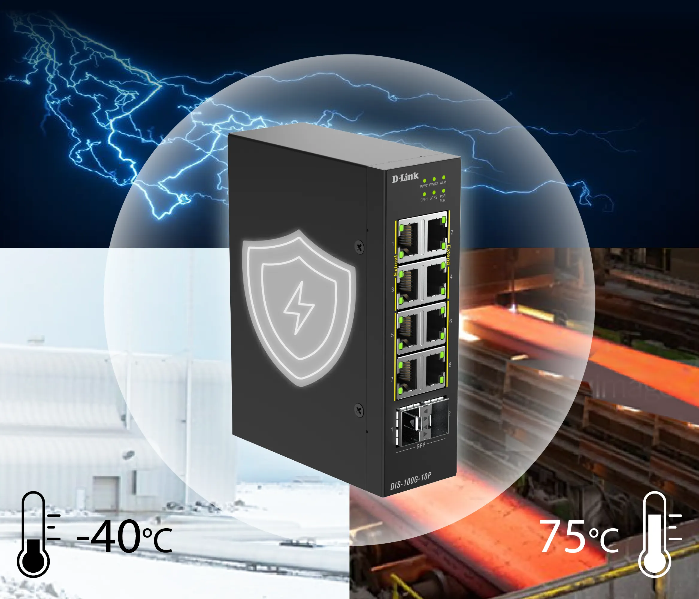 D-Link DIS-100G-10P Switch Industrial PoE+ 10 Puertos