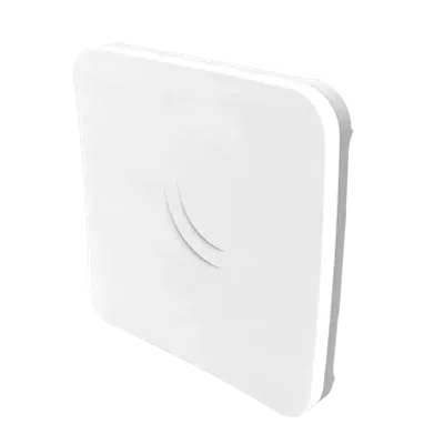 Dispositivo wireless MikroTik SXTsq Lite2, apparecchio bianco quadrato con angoli arrotondati e icona segnale incisa,