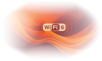 MikroTik LHG 5 ax con antenna 24.5dBi, logo WiFi 6 su sfondo arancione e rosso con onde e archi di segnale per connessioni