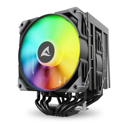 Sharkoon CPU-Kühler A60 mit 120mm RGB-Lüfter in Schwarz, seitliche Ansicht mit Regenbogenbeleuchtung, Kühlrippen, Heatpipes Sharkoon CPU-Kühler A60 mit 120mm RGB-Lüfter in Schwarz, seitliche Ansicht mit Regenbogenbeleuchtung, Kühlrippen, Heatpipes