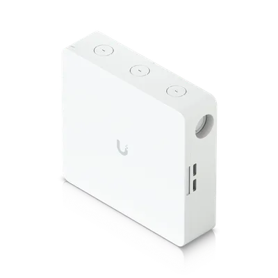Ubiquiti Access Hub Enterprise Grade, weißes Rechteckgehäuse mit matter Oberfläche, drei Tasten und Anschlüssen auf