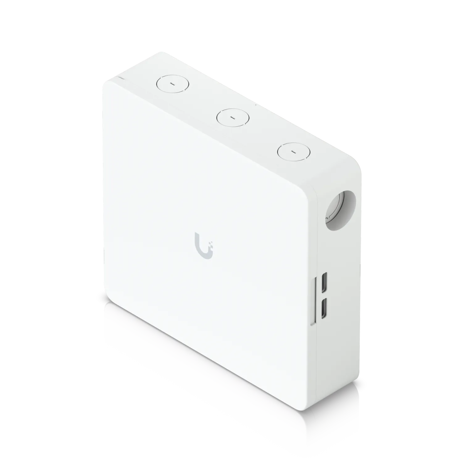 Ubiquiti Access Hub Enterprise Grade, weißes Rechteckgehäuse mit matter Oberfläche, drei Tasten und Anschlüssen auf Ubiquiti Access Hub Enterprise Grade, weißes Rechteckgehäuse mit matter Oberfläche, drei Tasten und Anschlüssen auf
