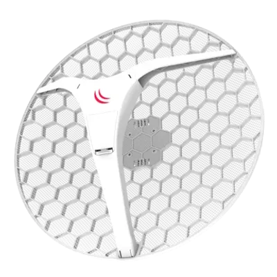 Antenna MikroTik RBLHGH-5acD-XL4pack 27dBi 5GHz con riflettore circolare a griglia esagonale e supporto centrale con logo Antenna MikroTik RBLHGH-5acD-XL4pack 27dBi 5GHz con riflettore circolare a griglia esagonale e supporto centrale con logo