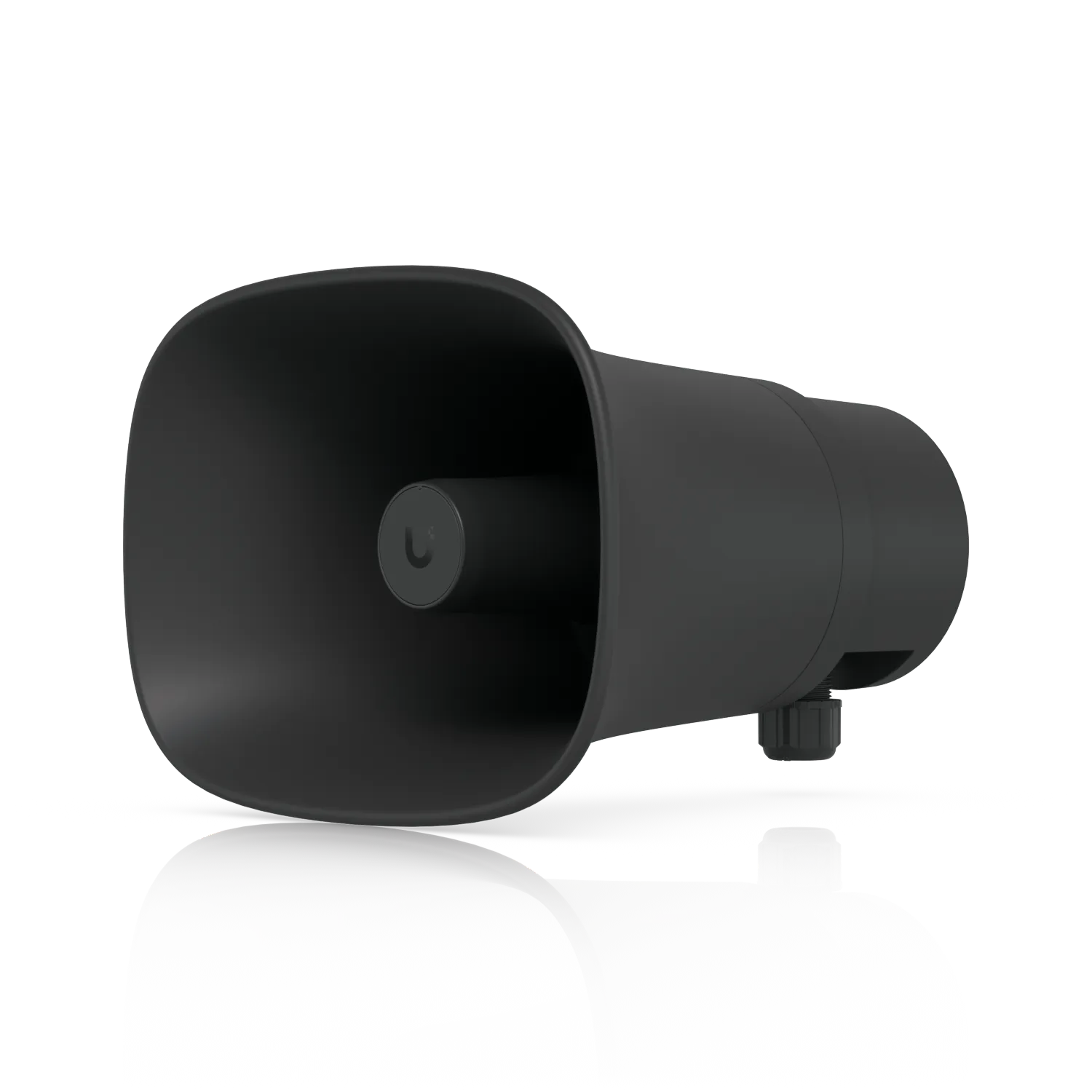 Ubiquiti AI Horn Speaker schwarz, schwarzer Hornlautsprecher mit zylindrischem Gehäuse und Reflektion auf schwarzem