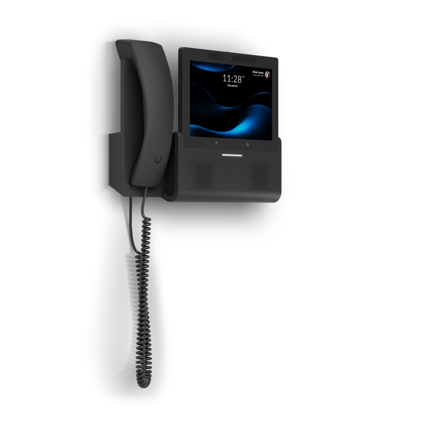 Ubiquiti UniFi Talk Phone G3 Touch Wall, schwarzes Wand-VoIP-Telefon mit Touchscreen, Handapparat in Halterung und blauer