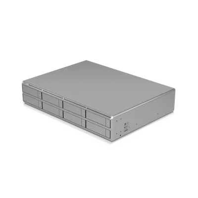 Ubiquiti NVR G2 Pro Netzwerk-Videorekorder in Silber mit Laufwerksschächten und LEDs auf schwarzem, reflektierendem Ubiquiti NVR G2 Pro Netzwerk-Videorekorder in Silber mit Laufwerksschächten und LEDs auf schwarzem, reflektierendem