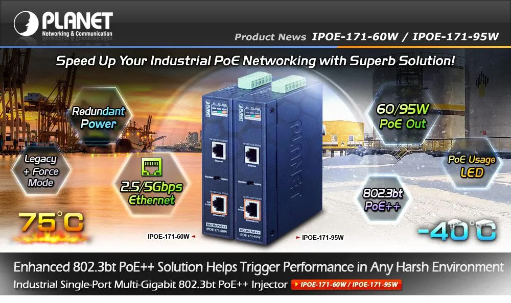 PLANET Industrial Single-Port 10/100/1000Mbps Ultra PoE 95W