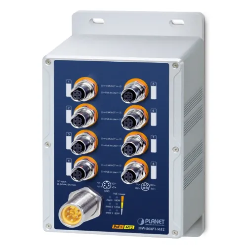 Switch industriale PLANET ISW-808PT-M12 con 8 porte M12 Ethernet 10/100TX in ambiente compatto e robusto per reti PoE+ Switch industriale PLANET ISW-808PT-M12 con 8 porte M12 Ethernet 10/100TX in ambiente compatto e robusto per reti PoE+