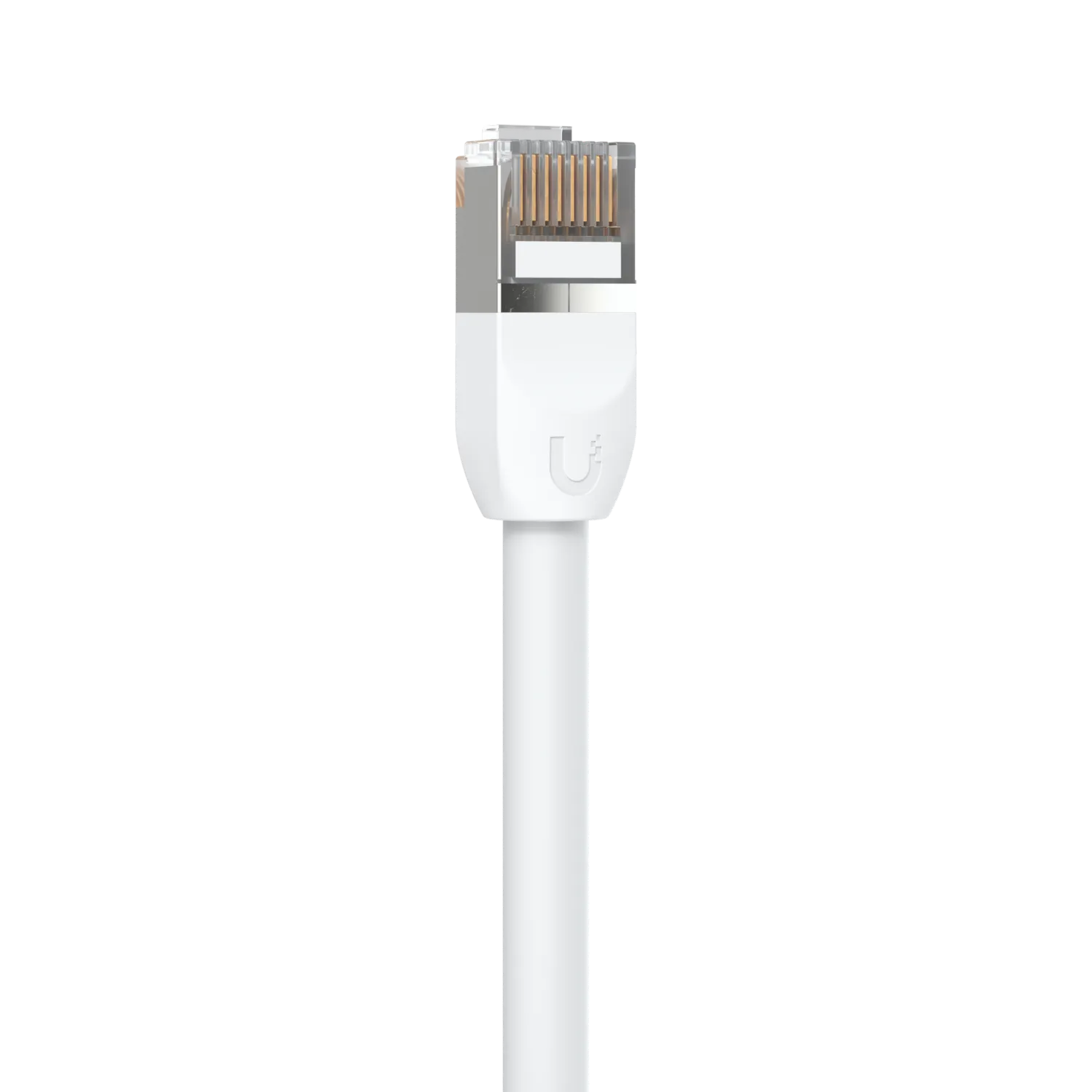 Câble Ethernet UniFi Outdoor-Patch 1 m blanc Cat 5e STP avec connecteur RJ45 blindé argenté, broches dorées visibles et Câble Ethernet UniFi Outdoor-Patch 1 m blanc Cat 5e STP avec connecteur RJ45 blindé argenté, broches dorées visibles et