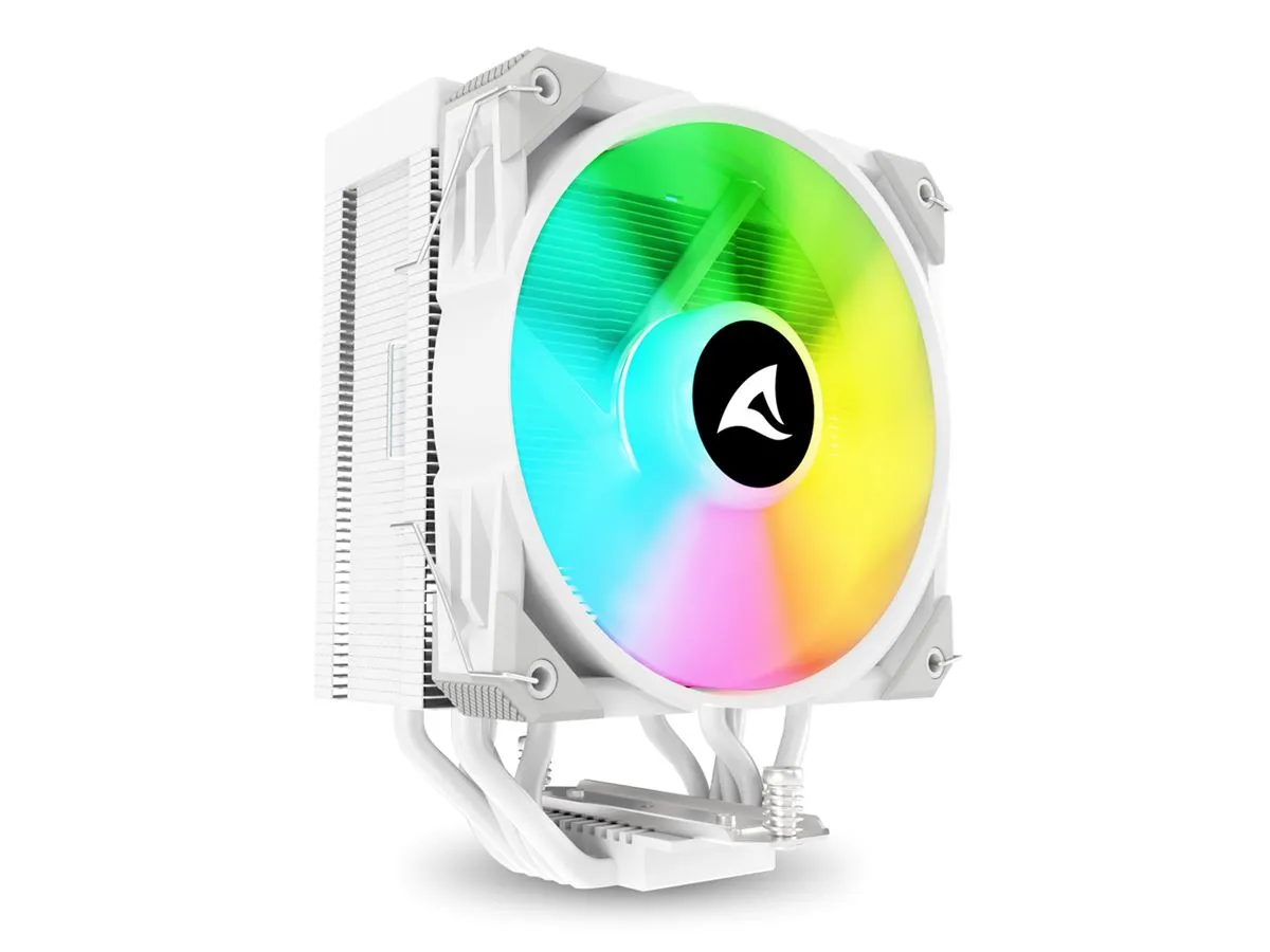 Sharkoon CPU-Kühler A50 weiß mit 120mm RGB-Lüfter und schwarzem Mittelteil, Kühlrippen, weißen Heatpipes und Sharkoon CPU-Kühler A50 weiß mit 120mm RGB-Lüfter und schwarzem Mittelteil, Kühlrippen, weißen Heatpipes und
