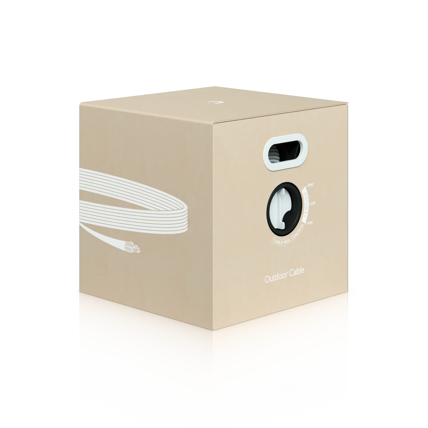Ubiquiti UISP Cable Pro outdoor cable box with reel control dial and cable exit slot shown against a black background. Ubiquiti UISP Cable Pro outdoor cable box with reel control dial and cable exit slot shown against a black background.