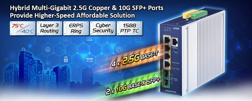 Switch industriale PLANET 4 porte 2.5GBASE-T e 2 slot SFP+ 10GBASE-X con pannello blu su sfondo digitale evidenzia routing Switch industriale PLANET 4 porte 2.5GBASE-T e 2 slot SFP+ 10GBASE-X con pannello blu su sfondo digitale evidenzia routing