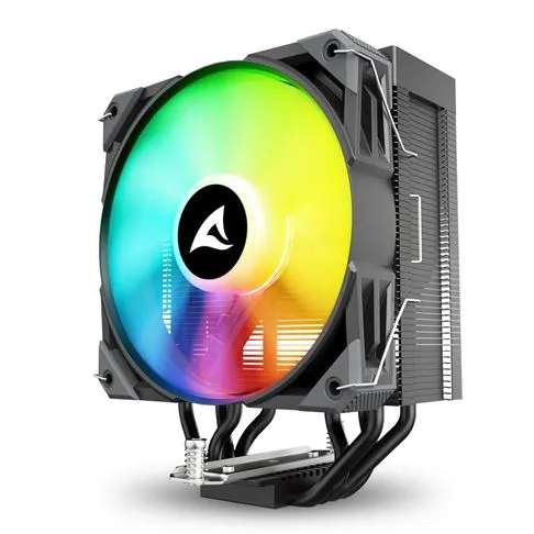 Schwarzer Sharkoon CPU-Kühler A40 mit 120mm-RGB-Lüfter, sichtbare Aluminium-Lamellen, schwarze Heatpipes und Schwarzer Sharkoon CPU-Kühler A40 mit 120mm-RGB-Lüfter, sichtbare Aluminium-Lamellen, schwarze Heatpipes und