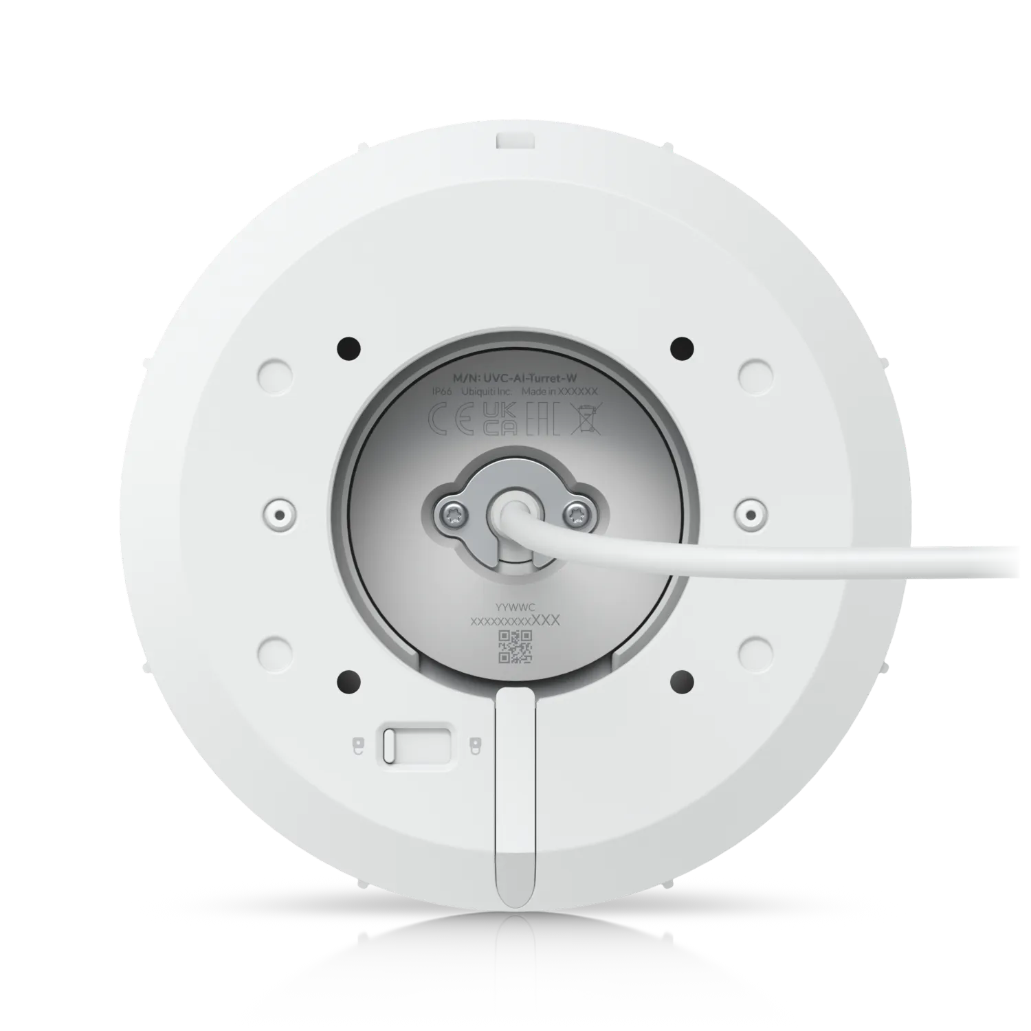 Weiße Ubiquiti UVC-AI-Turret Überwachungskamera Rückansicht mit Kabelanschluss und Modellbezeichnung auf Metallplatte. Weiße Ubiquiti UVC-AI-Turret Überwachungskamera Rückansicht mit Kabelanschluss und Modellbezeichnung auf Metallplatte.