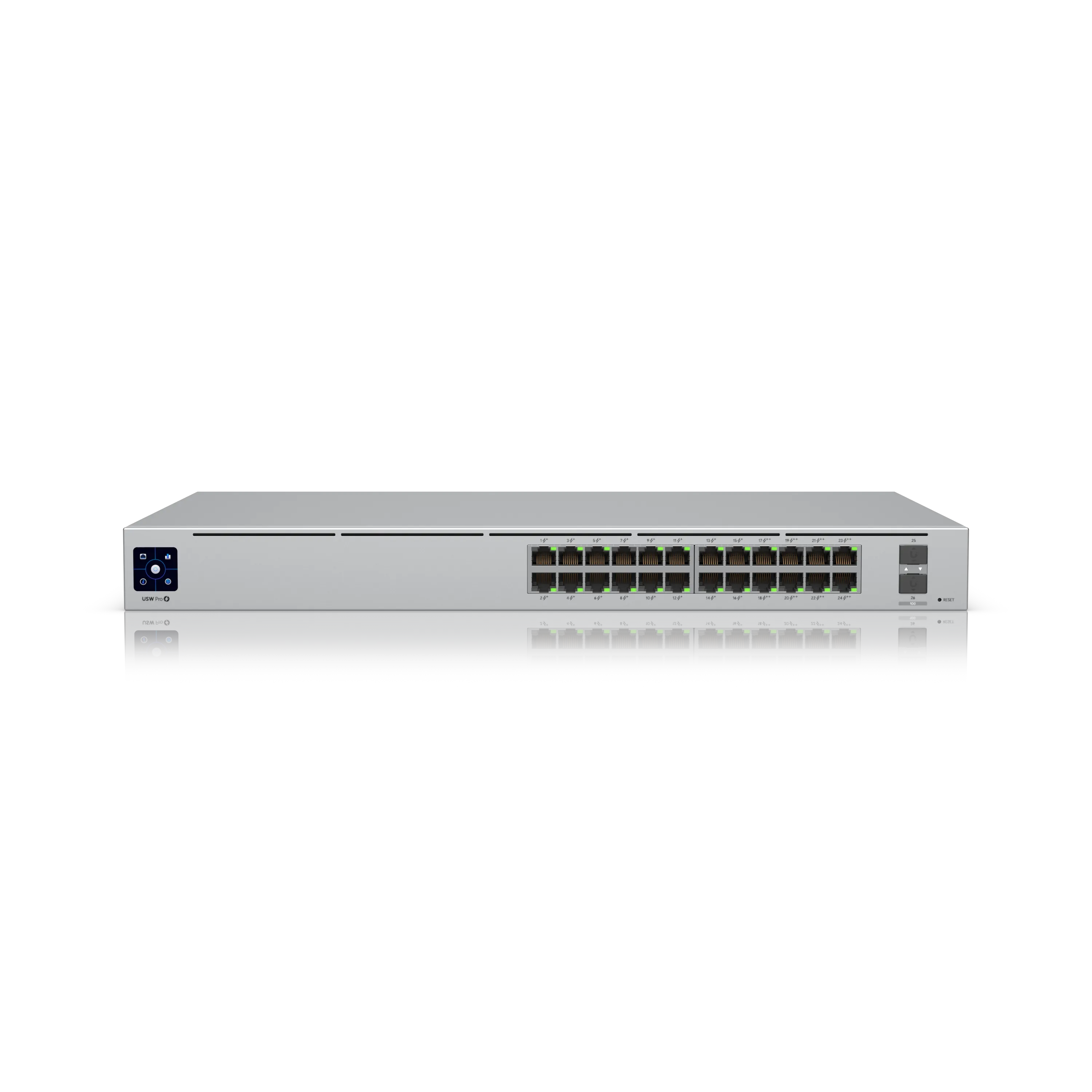 Ubiquiti UniFi Switch USW-Pro-24-POE Gen2 400W mit silbernem Gehäuse, 24 PoE-Ethernet-Ports in zwei Reihen,