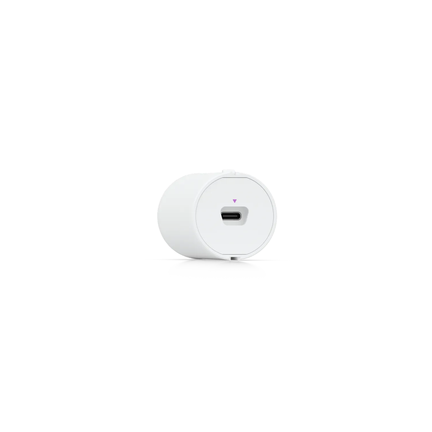 Ubiquiti AI Theta Pro, weißer zylindrischer Netzwerk-Controller mit USB-C-Anschluss und violetter LED auf schwarzem,