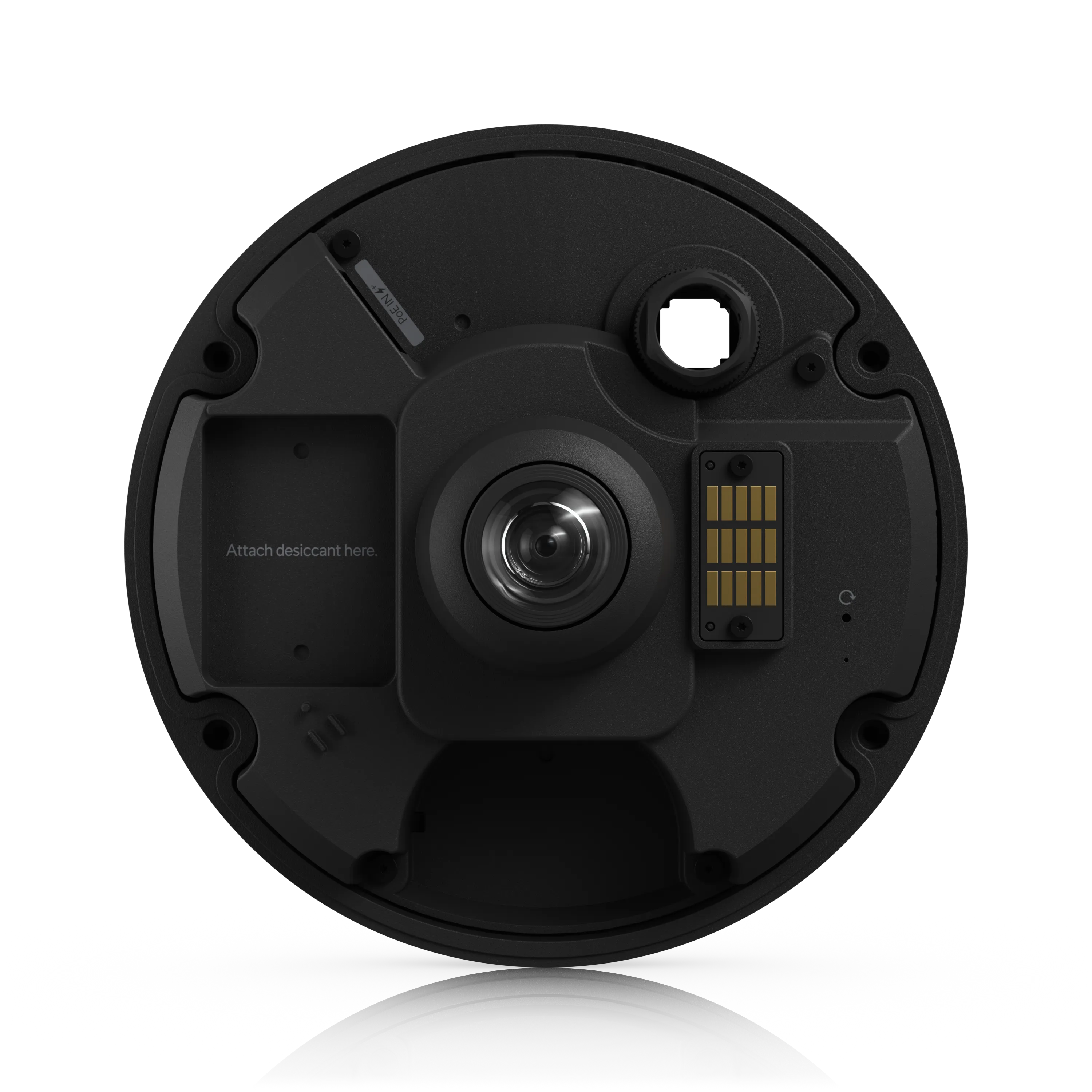Ubiquiti UVC-G6-Pro-360-B 360-Grad-Kamera Rückansicht mit zentraler Linse, Trockenmittelhalterung und Anschlusskontakten
