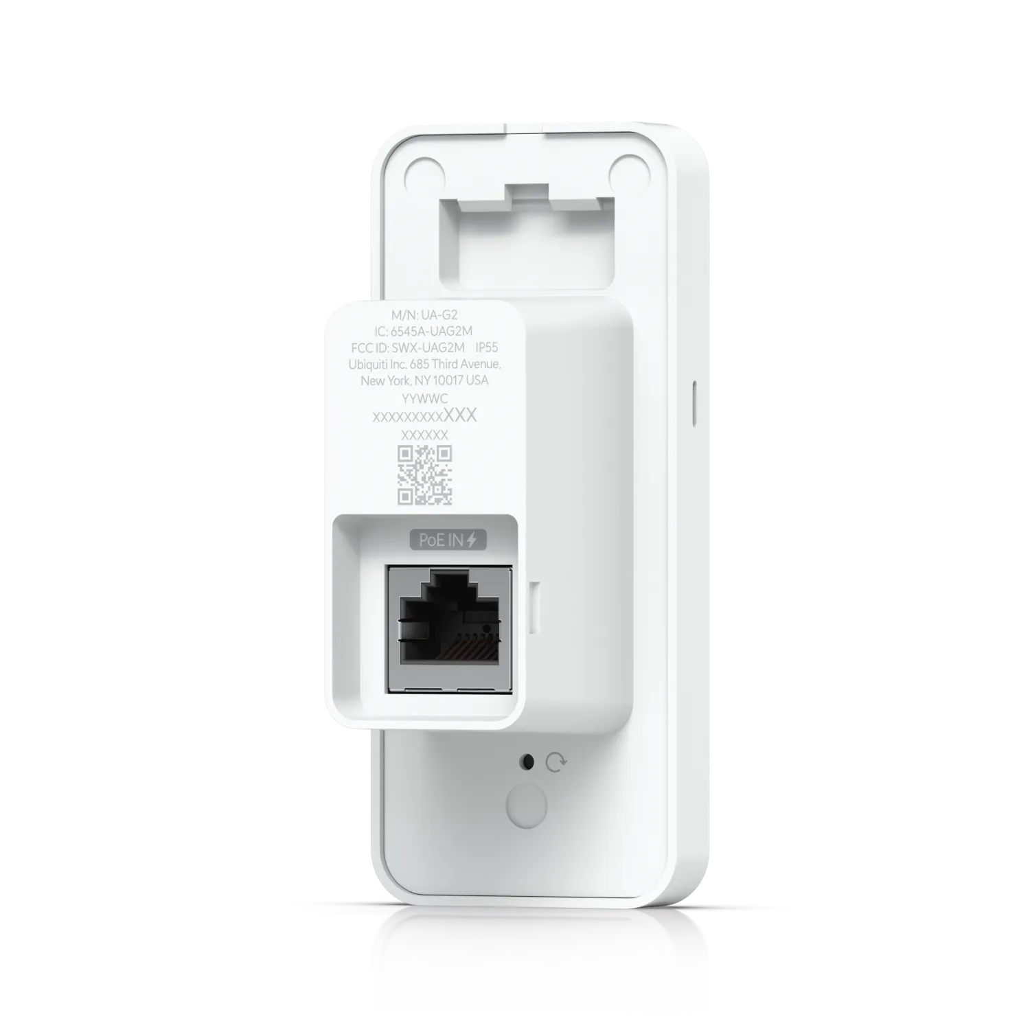 Ubiquiti Access Elevator Starter Kit Rückansicht mit weißem Gehäuse, PoE-IN-Ethernet-Port und QR-Code-Etikett auf schwarzem Ubiquiti Access Elevator Starter Kit Rückansicht mit weißem Gehäuse, PoE-IN-Ethernet-Port und QR-Code-Etikett auf schwarzem