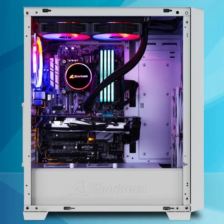Белое ATX-корпус Sharkoon VS8 RGB с прозрачной боковой панелью из стекла видны материнская плата ASUS подсвеченные
