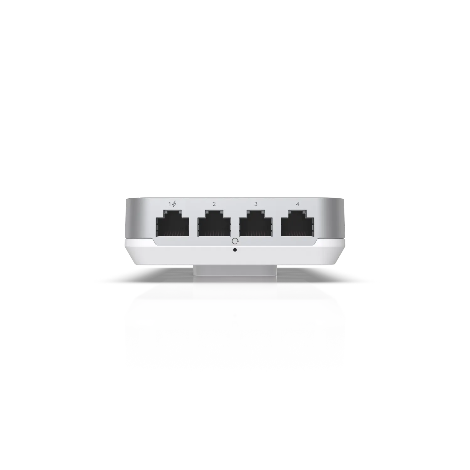 Ubiquiti UniFi IW-HD-CF-3 Rückansicht mit vier nummerierten Ethernet-Ports auf glänzender schwarzer Oberfläche. Ubiquiti UniFi IW-HD-CF-3 Rückansicht mit vier nummerierten Ethernet-Ports auf glänzender schwarzer Oberfläche.