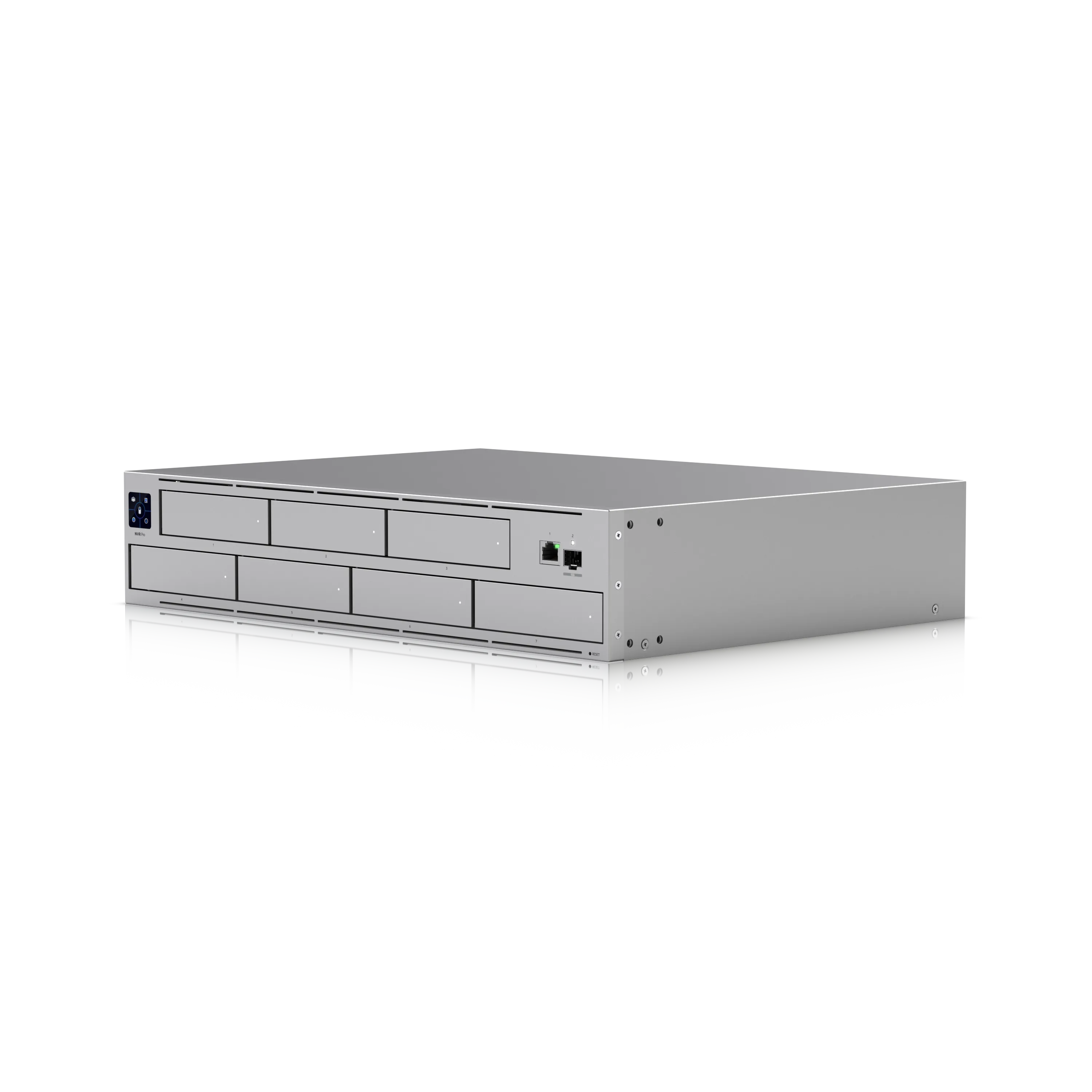 Ubiquiti UniFi Network Video Recorder UNVR-PRO 7-Bay mit sieben Laufwerkschächten, USB-Anschlüssen und Power-Button vor
