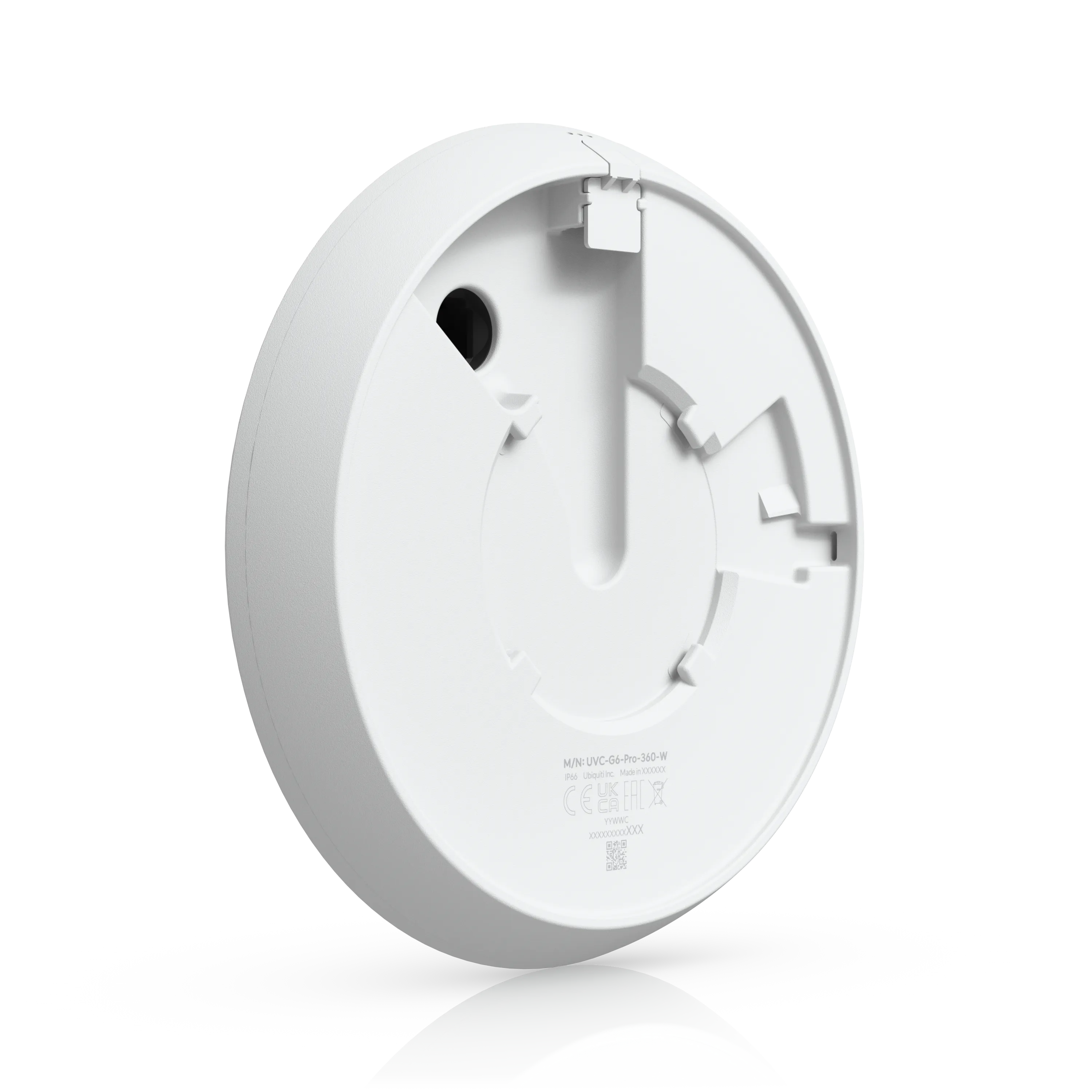 Ubiquiti UVC-G6-Pro-360-B 360-Grad-Überwachungskamera Rückansicht mit Montagebereich und Typenschild auf schwarzem