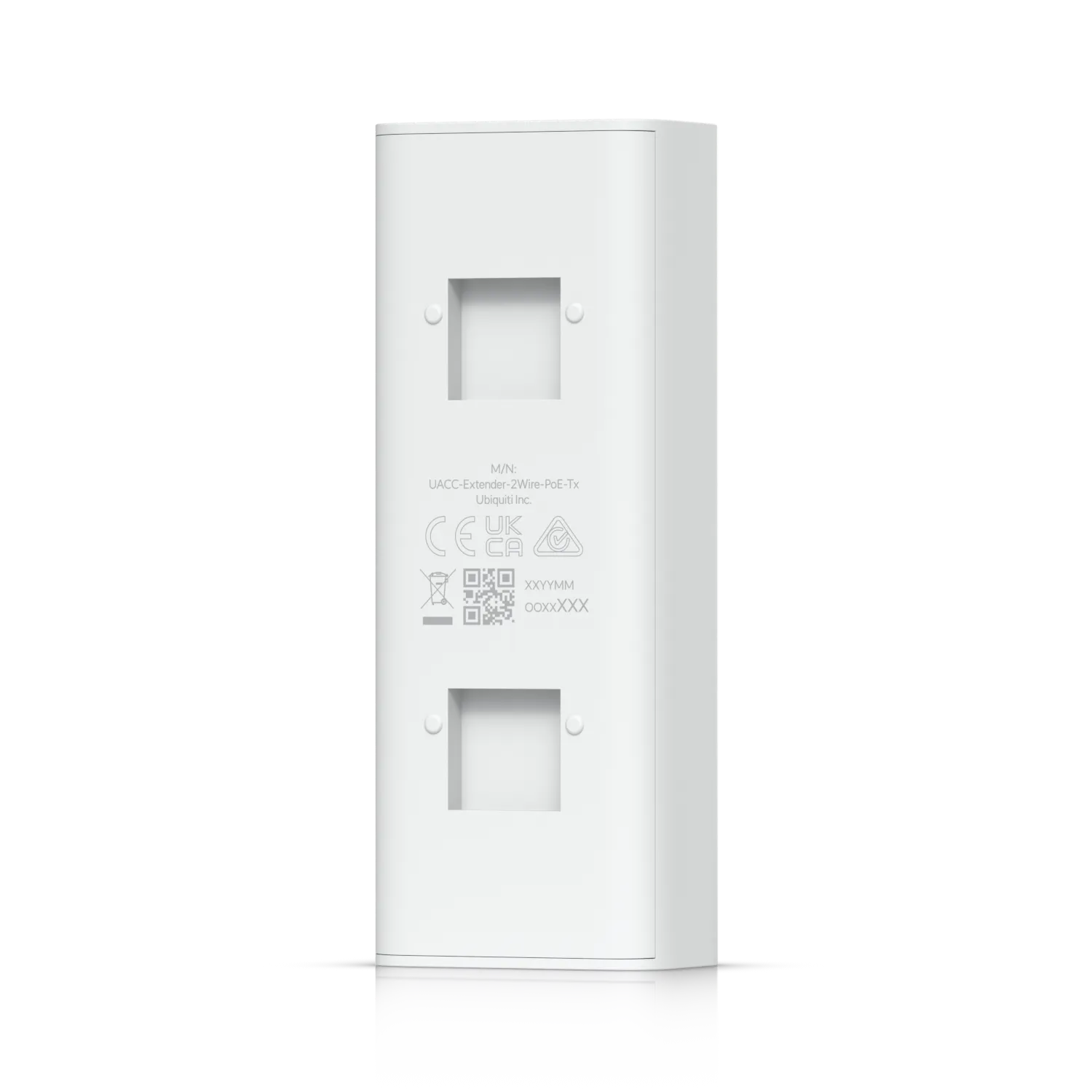 Ubiquiti Access Elevator Starter Kit Rückansicht mit Montageausschnitten, Modellnummer UACC-Extender-2Wire-PoE-Tx und Ubiquiti Access Elevator Starter Kit Rückansicht mit Montageausschnitten, Modellnummer UACC-Extender-2Wire-PoE-Tx und