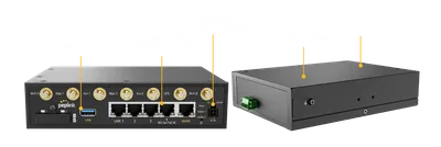Router MAX BR2 LTEA CAT-7 mostrando conectores traseros SIM, antenas y puertos Ethernet USB WAN y PoE LAN con vista interna