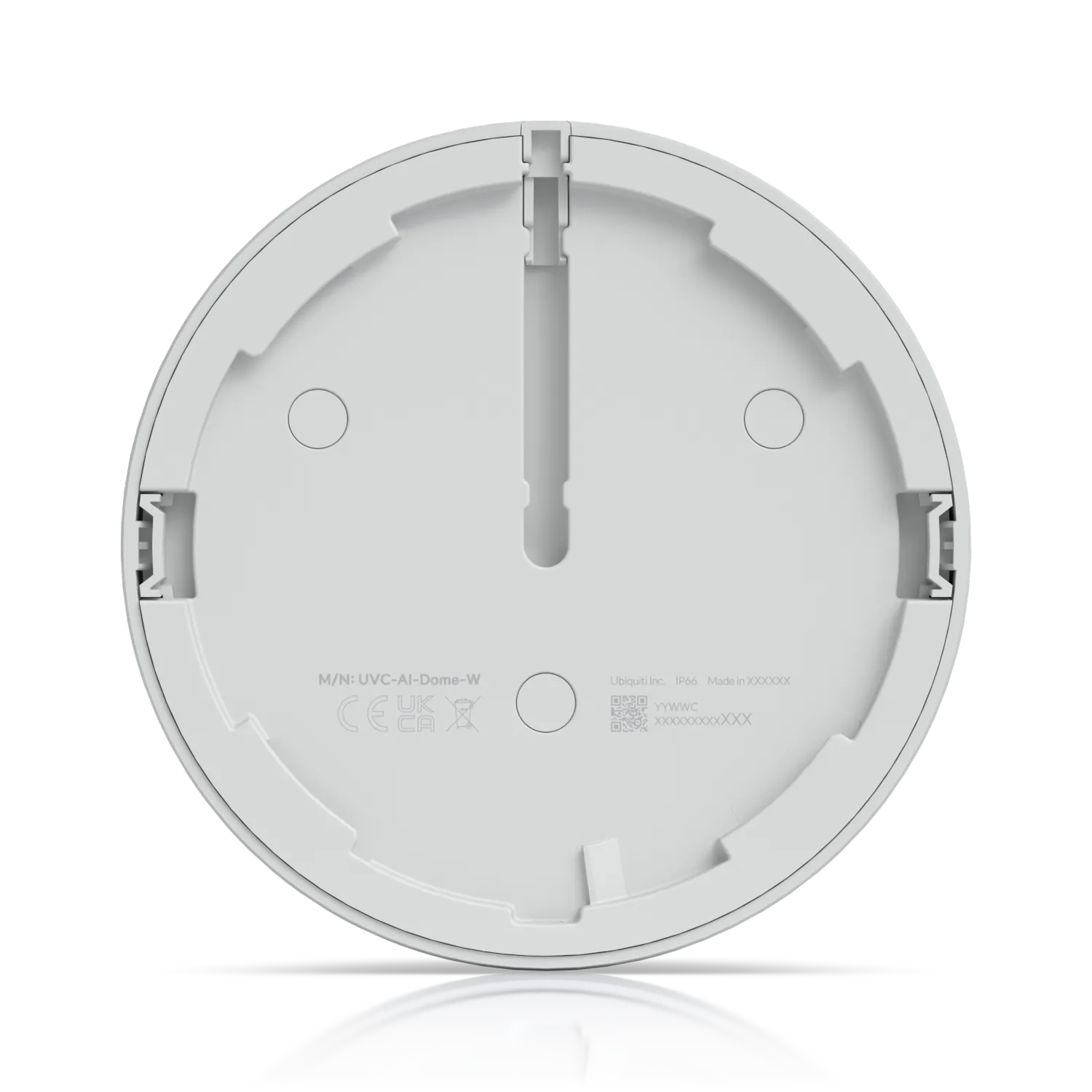 Ubiquiti UVC-AI-Dome 4K PoE-Kamera Rückseite mit Montageschlitz, CE-Kennzeichnung und QR-Code für IP66-Zertifizierung Ubiquiti UVC-AI-Dome 4K PoE-Kamera Rückseite mit Montageschlitz, CE-Kennzeichnung und QR-Code für IP66-Zertifizierung