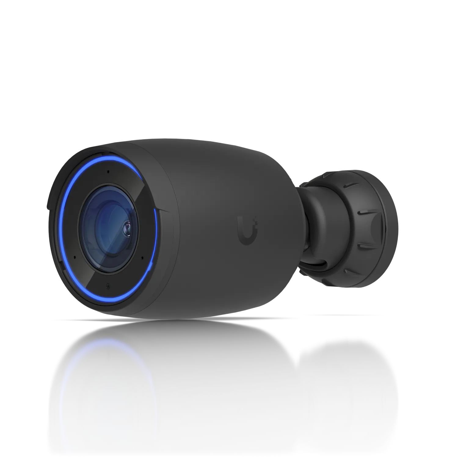 Ubiquiti Video Camera UVC-AI-Pro, тёмно-серая купольная камера видеонаблюдения с синим светящимся кольцом вокруг объектива