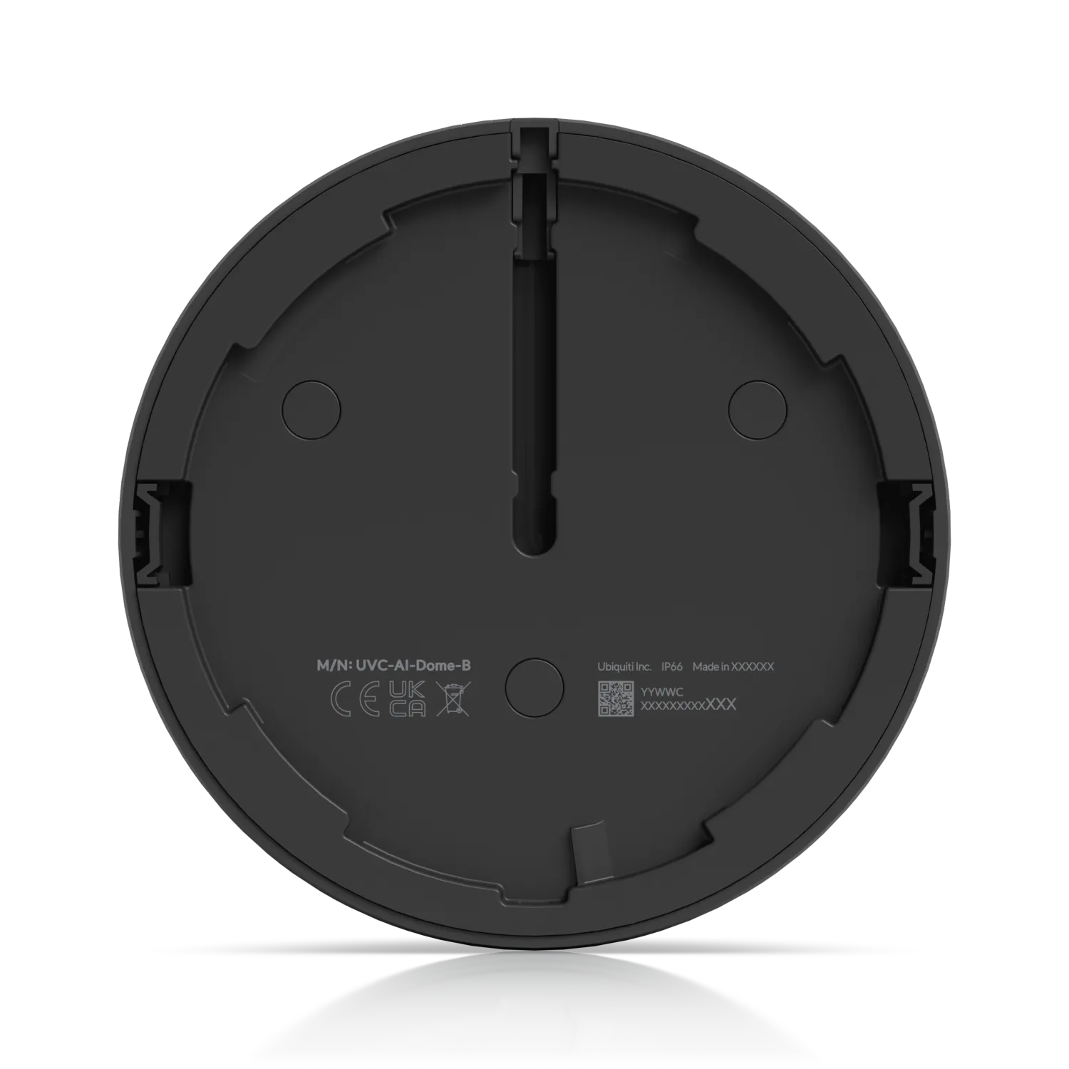 Ubiquiti UVC-AI-Dome 4K PoE-KI-Kamera schwarze Rückplatte mit Montageschlitz CE-Kennzeichnung IP66 und QR-Code für Ubiquiti UVC-AI-Dome 4K PoE-KI-Kamera schwarze Rückplatte mit Montageschlitz CE-Kennzeichnung IP66 und QR-Code für
