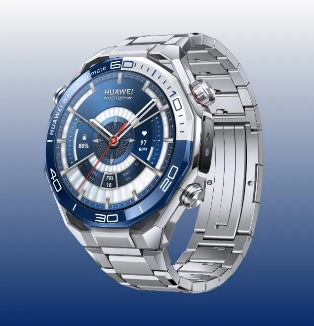 HUAWEI WATCH Ultimate 2 (March-B39) in green with silver link bracelet, blue bezel, and digital watch face showing heart