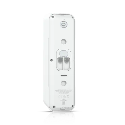 UniFi G4 Türklingel Pro Rückansicht mit Montageplatte, Schraublöchern und Regulierungslabel inkl QR-Code.