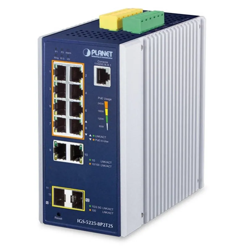 PLANET IGS-5225-8P2T2S коммутатор с 8 PoE портами Gigabit, 2 портами 10/100/1000T и 2 SFP слотами на синей передней панели