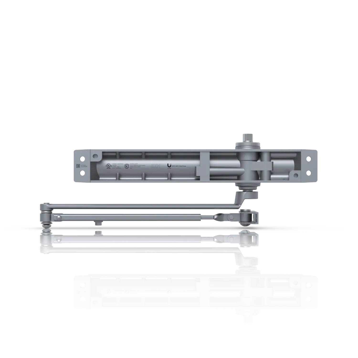 Ubiquiti UniFi Access Door Closer side profile with grey metal housing, mounting brackets, and articulated arm for secure