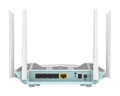 D-Link R32/E EAGLE PRO AI AX3200 умный роутер сзади на чёрном фоне с 4 LAN-портами, жёлтым WAN-портом, кнопкой сброса и 4