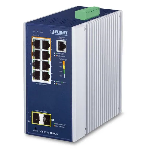 PLANET IGS-4215-4P4T2S Industrie-PoE-Switch mit 8 Gigabit-Ports, 2 SFP-Slots und Status-LEDs in Frontansicht mit seitlichem