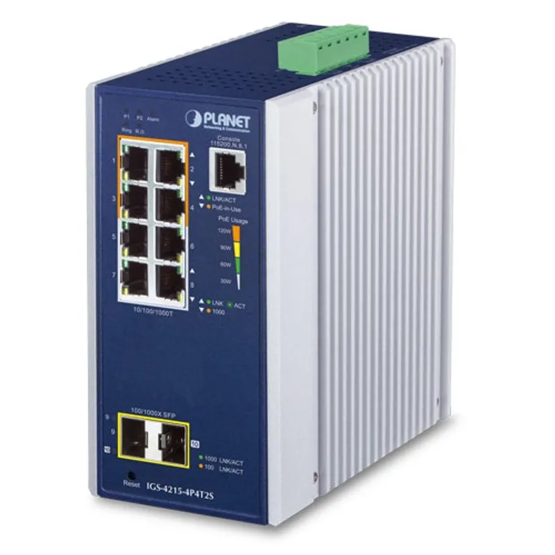 PLANET IGS-4215-4P4T2S Industrie-PoE-Switch mit 8 Gigabit-Ports, 2 SFP-Slots und Status-LEDs in Frontansicht mit seitlichem