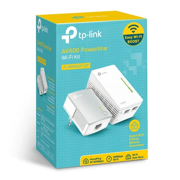 Scatola TP-LINK TL-WPA4221 KIT Powerline AV600 con due adattatori Wi-Fi 300Mbps e porte Ethernet su sfondo azzurro e giallo