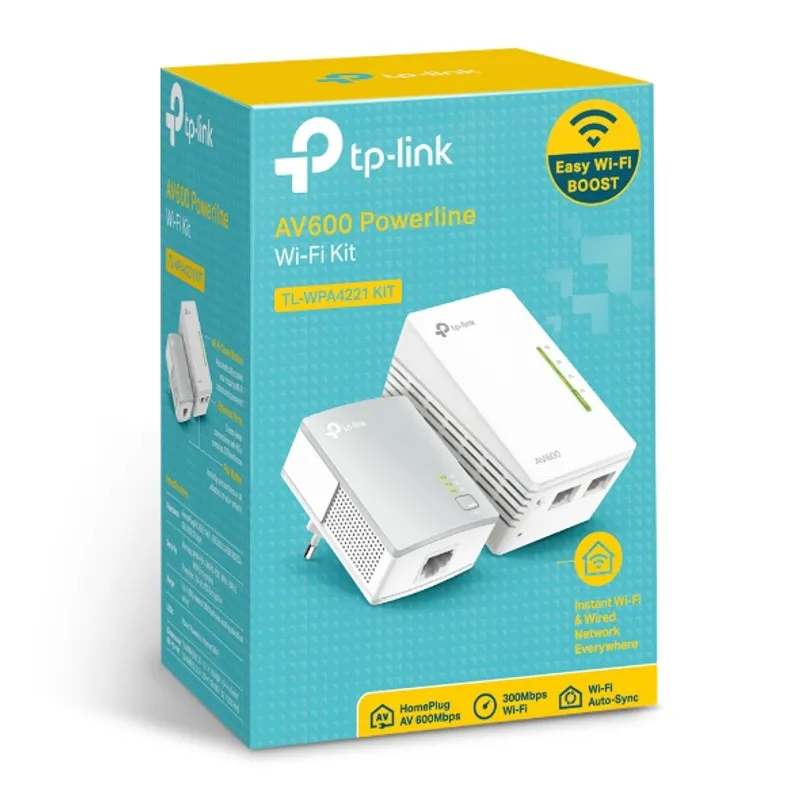 Scatola TP-LINK TL-WPA4221 KIT Powerline AV600 con due adattatori Wi-Fi 300Mbps e porte Ethernet su sfondo azzurro e giallo