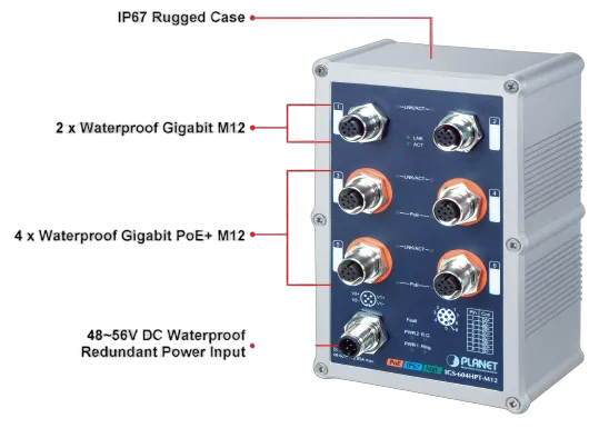 PLANET Industrial IP67 Rated 4-Port 10/100/1000T 802.3at
